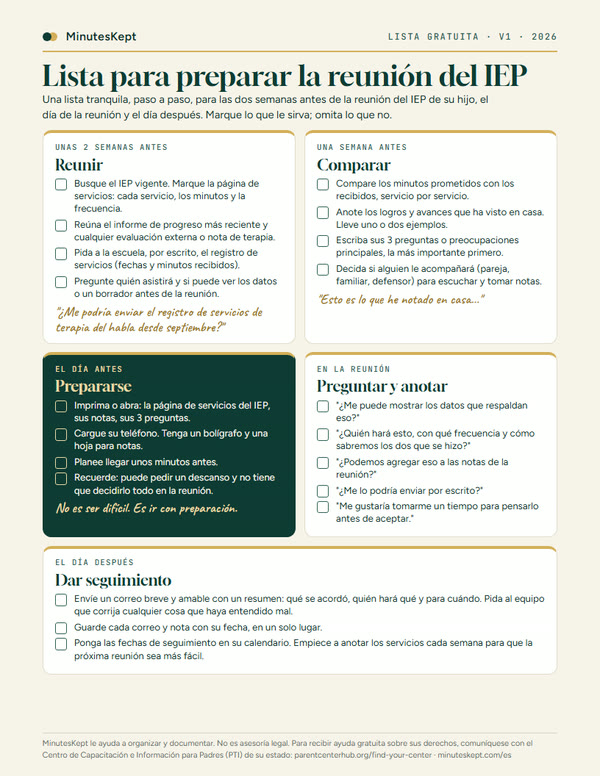 Vista previa de la lista de una página para preparar la reunión del IEP